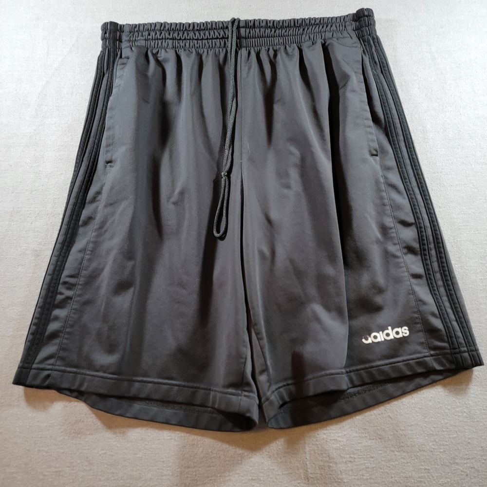Adidas Athletic Shorts Mens Large Black Good 3-Stripe Drawstring Pockets